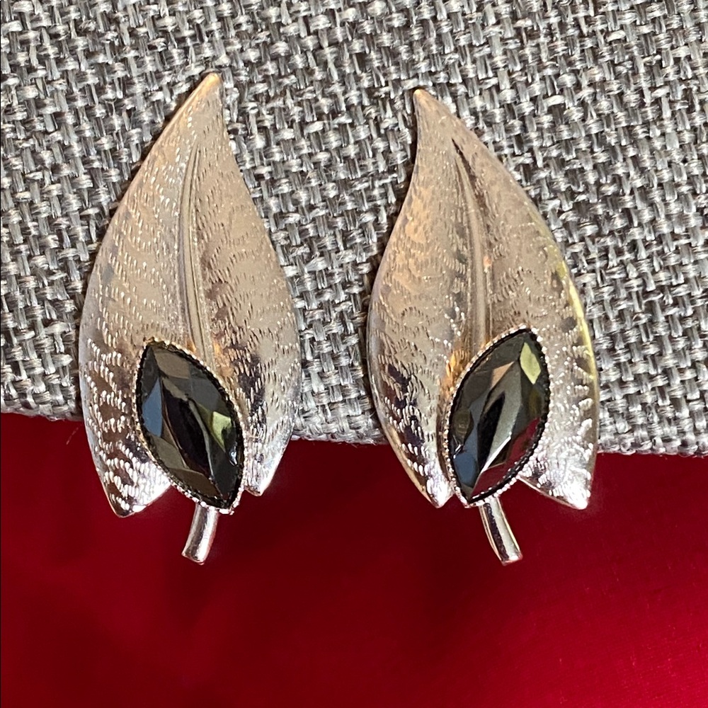 Elegant Silver Leaf Earrings with Black Accents